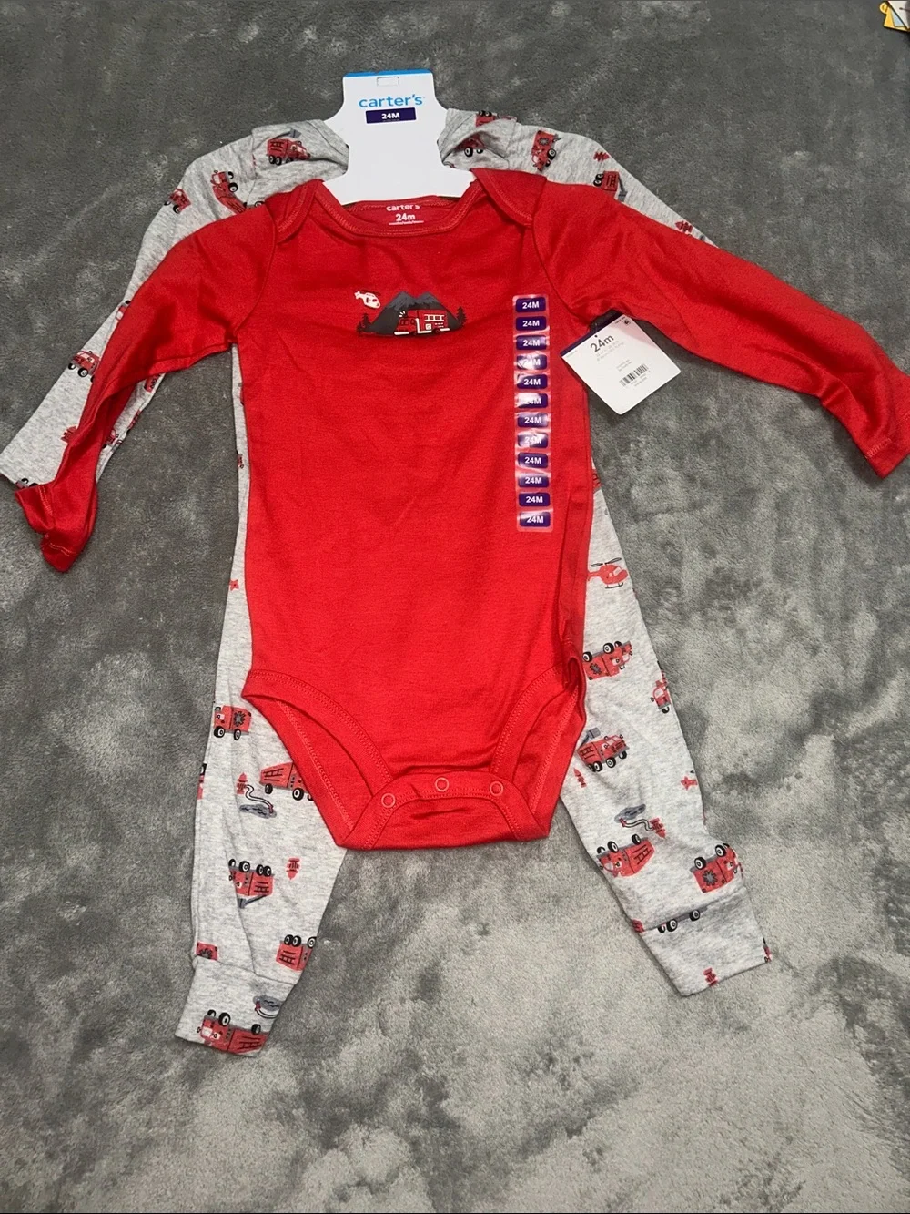 Carter's Red & Gray Firetruck Long-Sleeve Three-Piece Set